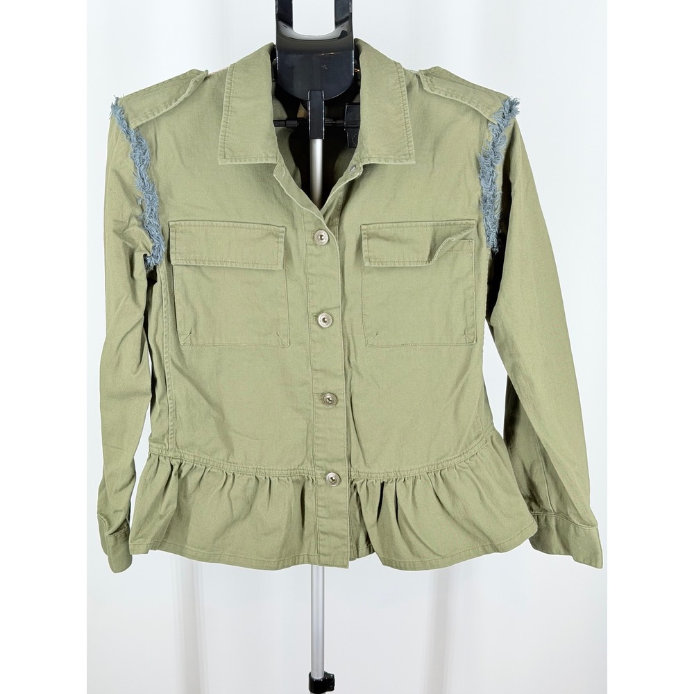 Matilda Jane Olive Green Utility Jacket Boho Tapestry Back Ruffle Peplum Medium